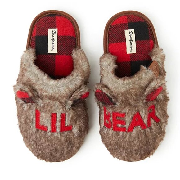 Dearforms Brown with Red "Lil Bear"Faux Fur Scuff Kids slippers w/ ears Size 3-4 - Picture 9 of 9